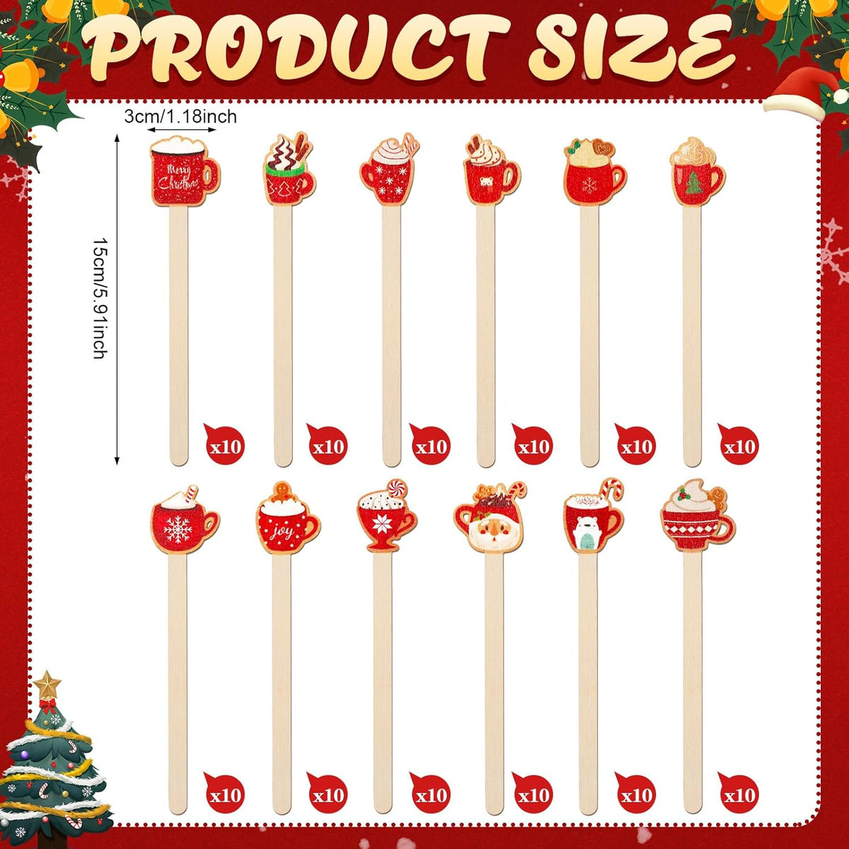 Jinei 120 Pcs Christmas Hot Chocolate Cup Coffee Stir Sticks Natural Wooden Disposable Drink Stirrers for Hot Chocolate Milkshake Cocktail Restaurant Home Office