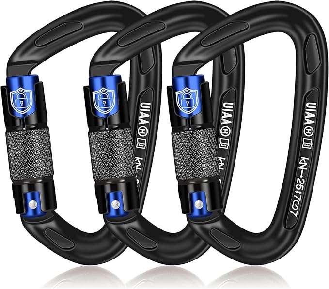 BEIFENG 25KN Auto Locking Carabiner - UIAA Certified Heavy Duty Climbing Carabiners for Rock Climbing, Camping, Rappelling, Hunting, Rescue Equipment - Professional Carabiner Clips (Black)