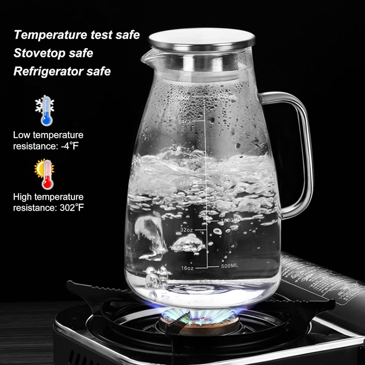 Joeyan 2 Liter 68oz Glass Pitcher with Lid, Large Heat Resistant Glass Water Carafe with Handle and Scale Line for Hot/Cold Drinks- Water, Cold Brew, Iced Tea & Juice, Including Long-Handled Brush