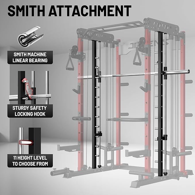 Smith Machine for Home Gym, Multi-Function M12 Power Cage with Cable Crossover System, Squat Rack with Smith Bar and More Attachment