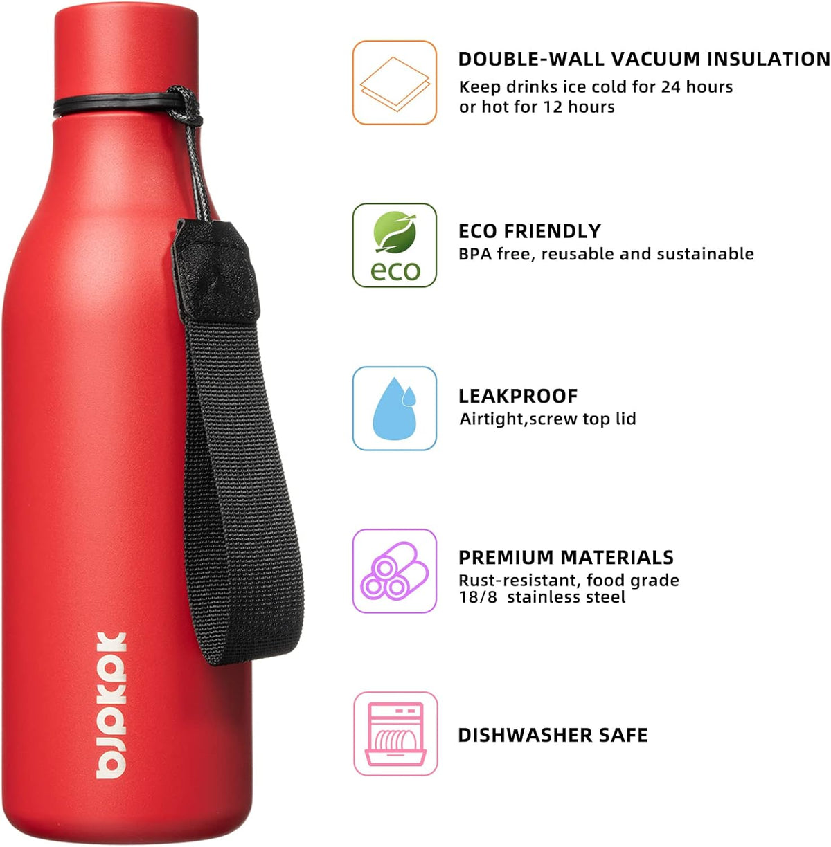 BJPKPK Insulated Water Bottles, 18 oz Stainless Steel Metal Water Bottle with Strap, BPA Free Leak Proof Thermos, Mugs, Flasks, Reusable Water Bottle for Sports & Travel, Red
