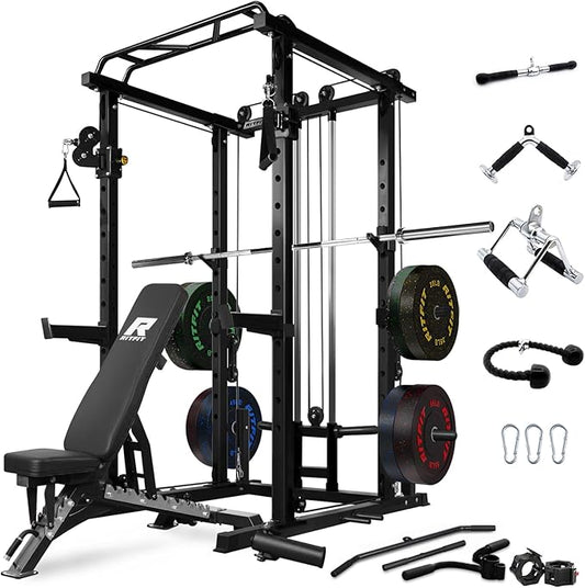 RitFit Power Cage with Optional LAT PullDown/Cable Crossover, 1000LB Squat Rack for Home & Garage Gym, with Weight Storage Rack and More Training Attachments, ASTM-Certified