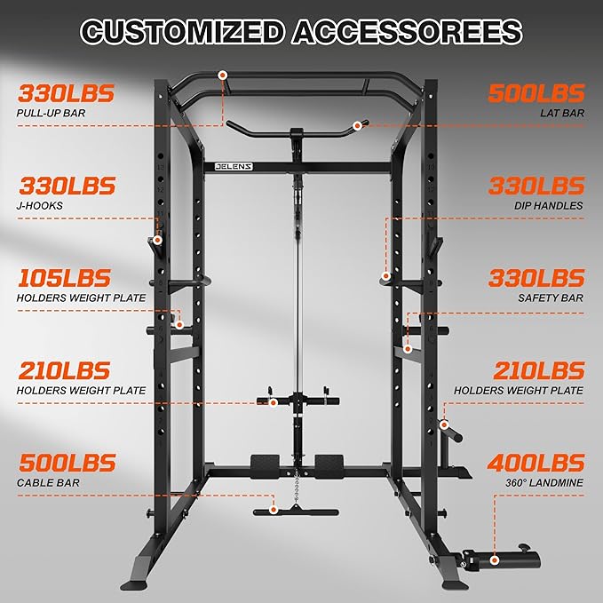S21 Power Cage, Multi-Function Power Rack with Adjustable Cable Crossover System, 2000LBS Squat Rack for Home Gym with More Training Attachments