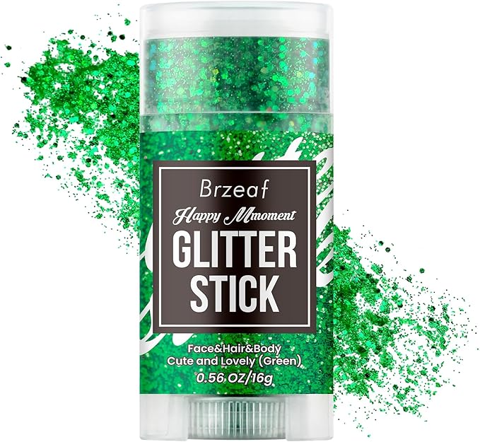 Brzeaf Waterproof Green Body Glitter Stick, Chunky Glitter for Face/Body/Hair/Eyes/Lip, Singer Concert Music Halloween Rave Festival, Glitter Stick Makeup & Face Glitter Gel for Women Men 0.56 OZ