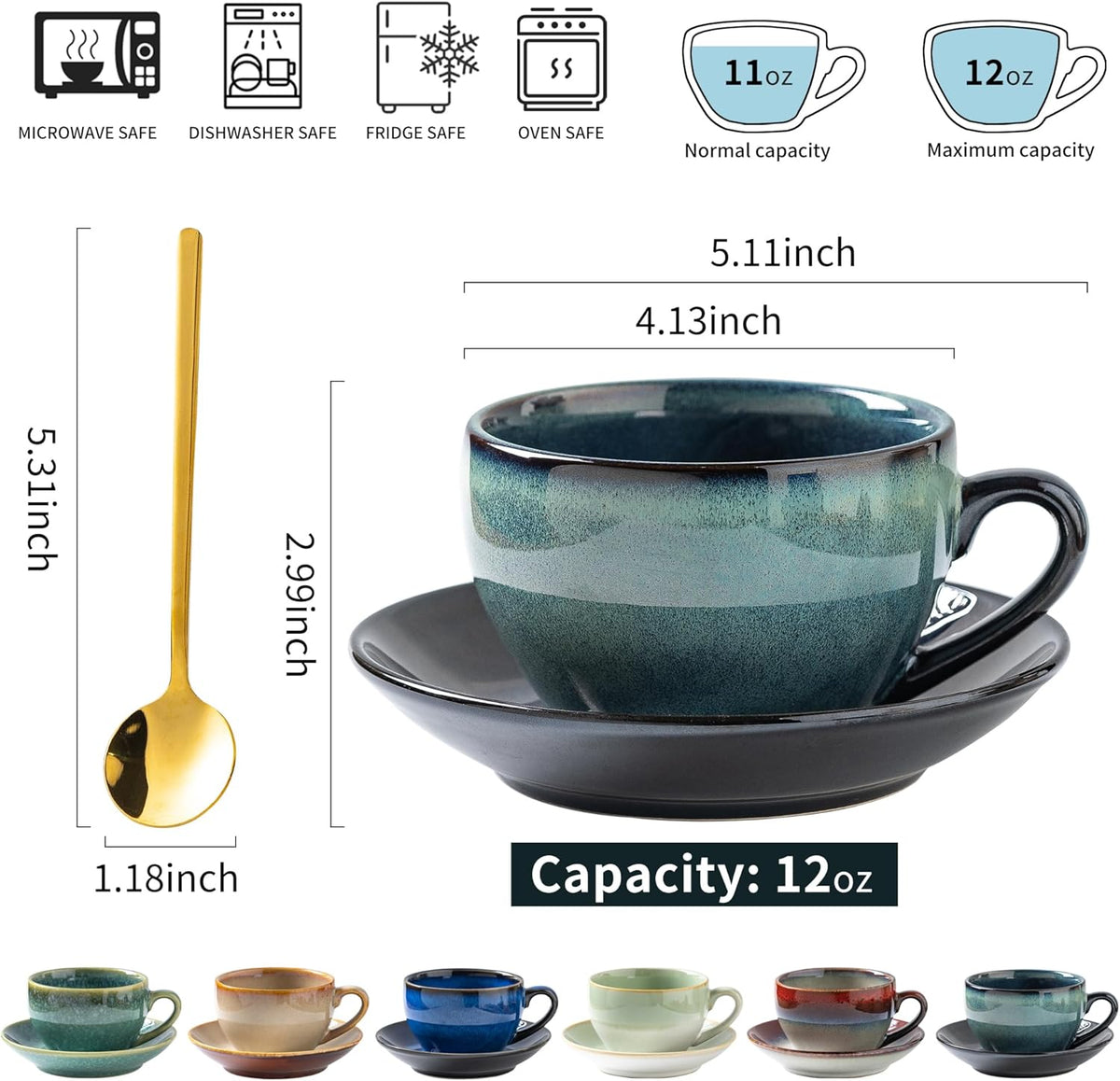 Porcelain Coffee Cup with Saucer Spoon Set, Vintage Design Ceramic Latte Art Cappuccino Barista Espresso Tea Cup with Saucer (11.6 oz, 350ml, Ink red)