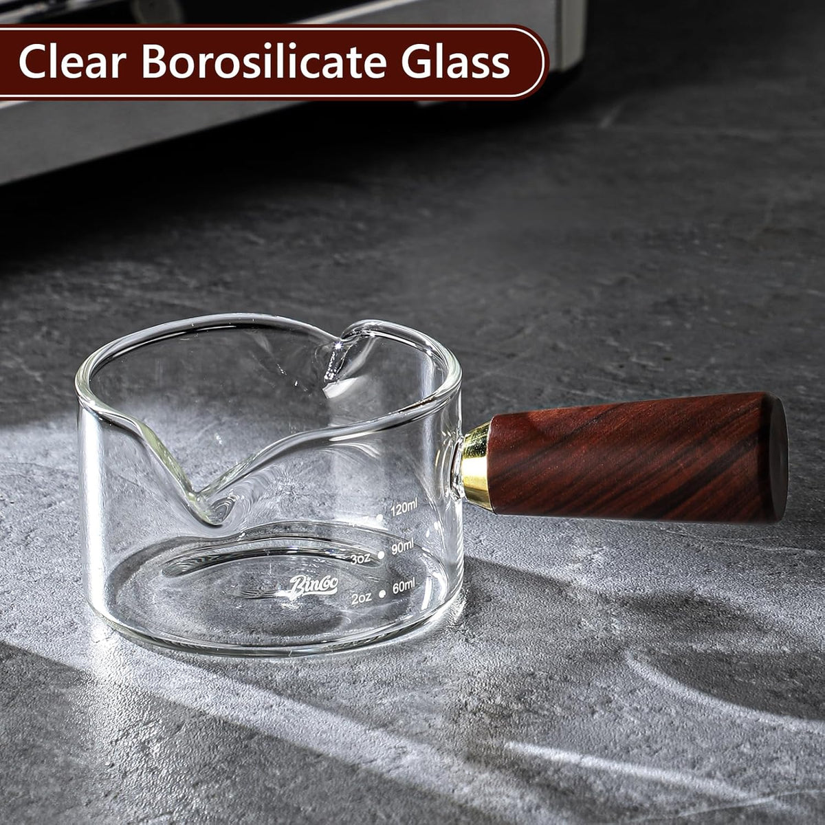 Espresso Shot Glasses with Wood Handle - 120ml Glass Coffee Bean Dosing Cup with Dual Spout,Clear Espresso Measuring Cup Glass for Barista Coffee Measure