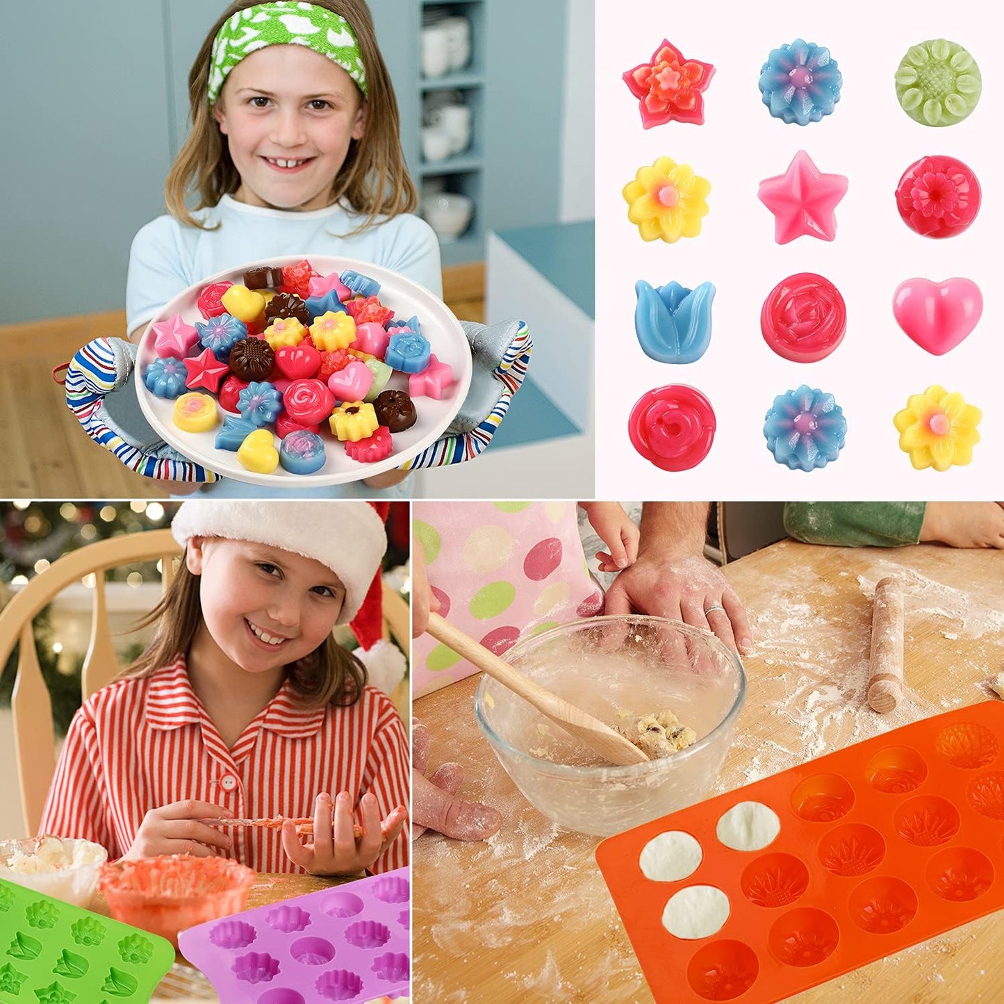 Flower Shape Chocolate Candy Molds Set,Heart,The stars,The rose,Flowers in Combination,15 Cavity Silicone Baking Mold Ice Cube Tray-Wedding,Festival,Parties and DIY Crafts-(6Pcs)