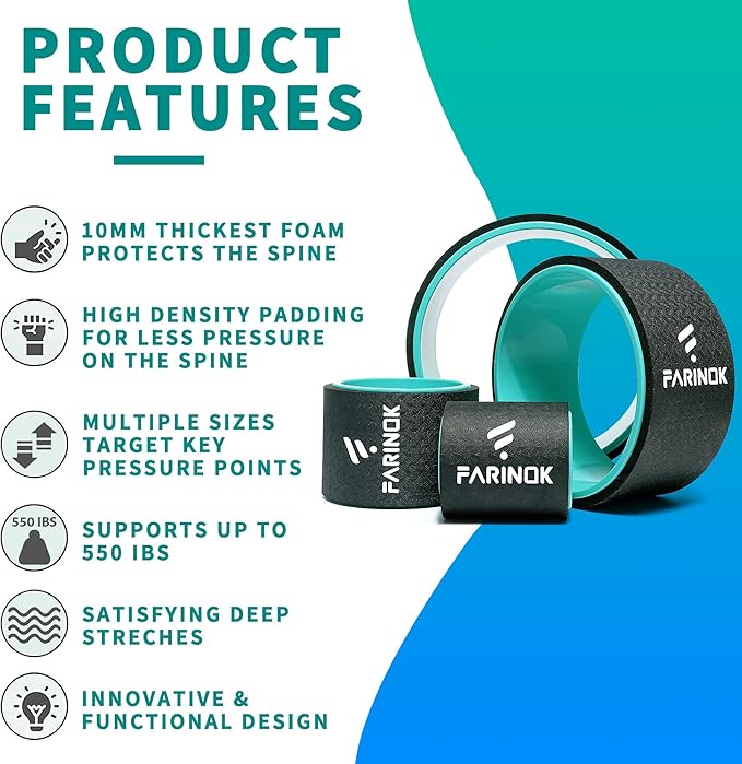 Yoga Wheel Set of 3+1, Upgraded 10MM Thick Back Wheels for Pain Relief & Stretching, Strongest Back Roller for Deep Tissue Massage, Improving Yoga Poses Backbend