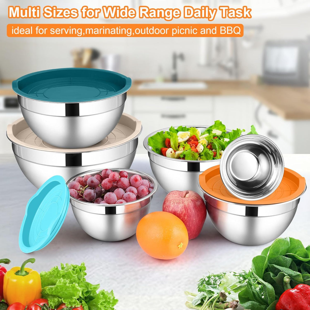 LIANYU Stainless Steel Mixing Bowl Set of 6, Metal Nesting Salad Bowl, Extra Large 7 & 3.5 & 2.5 & 2 & 1.5 & 1QT, Kitchen Bowls for Cooking, Storage, Serving, Dishwasher & Freezer Safe, Multi-Color