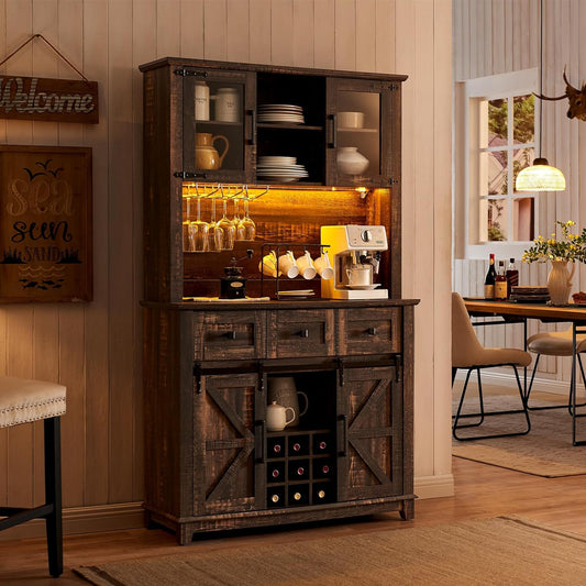 AMERLIFE 72'' Coffee Bar Wine Cabinet with Sliding Barn Door, Farmhouse Kitchen Sideboard, Buffet Storage Table, Wine Glass Racks, 3 Drawers, LED Lights, Tall Hutch Home Bar Dark Rustic Oak