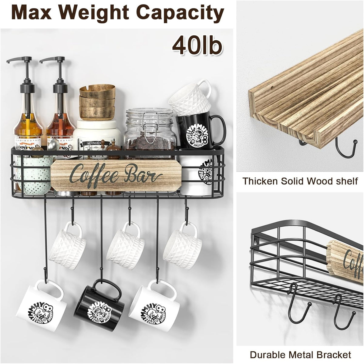 Floating Mug Racks 2 Pack - Wall Mounted Coffee Cup Holder with 12 Hooks, Mug Organizer for Kitchen, Farmhouse Coffee Bar Decor
