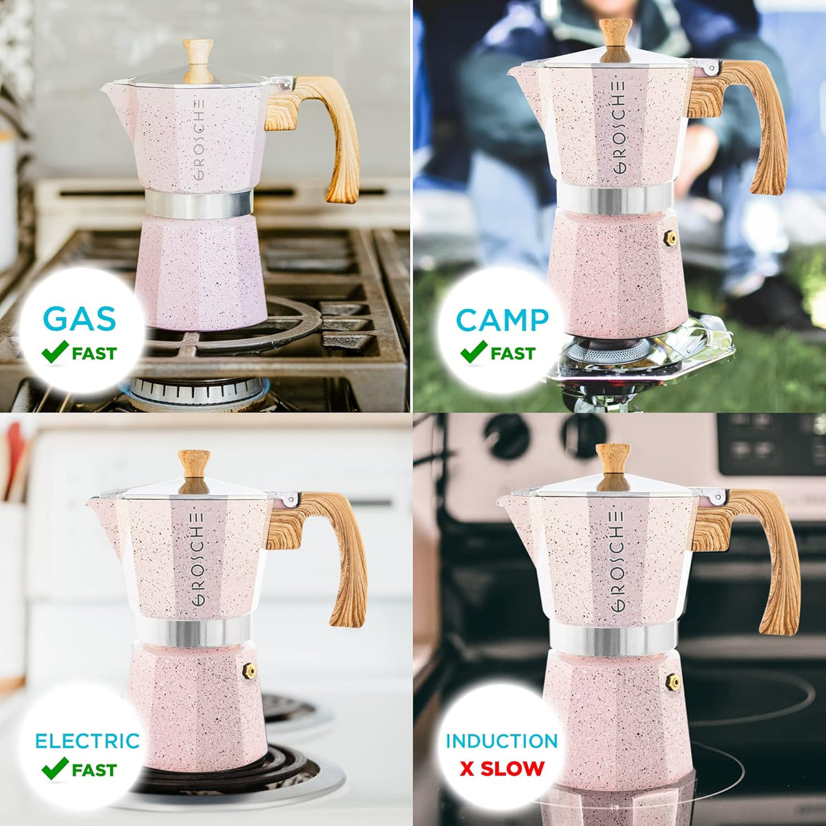 GROSCHE Milano Moka pot, Stovetop Espresso maker, Greca Coffee Maker, Stovetop coffee maker and espresso maker percolator (Pink, 3 cup)