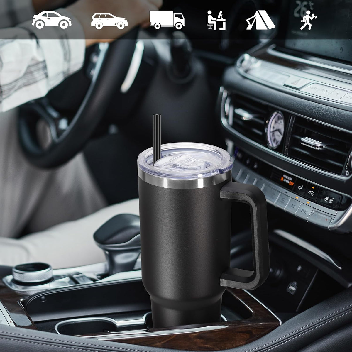 DOMICARE 40 oz Tumbler with Handle and Straw, Stainless Steel Tumbler with Lid and Straw, Reusable Vacuum Insulated Cup, Travel Coffee Mug, Black, 4Pack