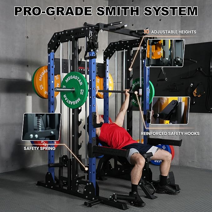 Smith Machine Home Gym with Aluminum Pulley Set- 2000lbs Capacity All-in-One Power Rack with Cable Crossover, Pull-Up Bar & Dip Station, Includes 18 Attachments, P107 Anvil