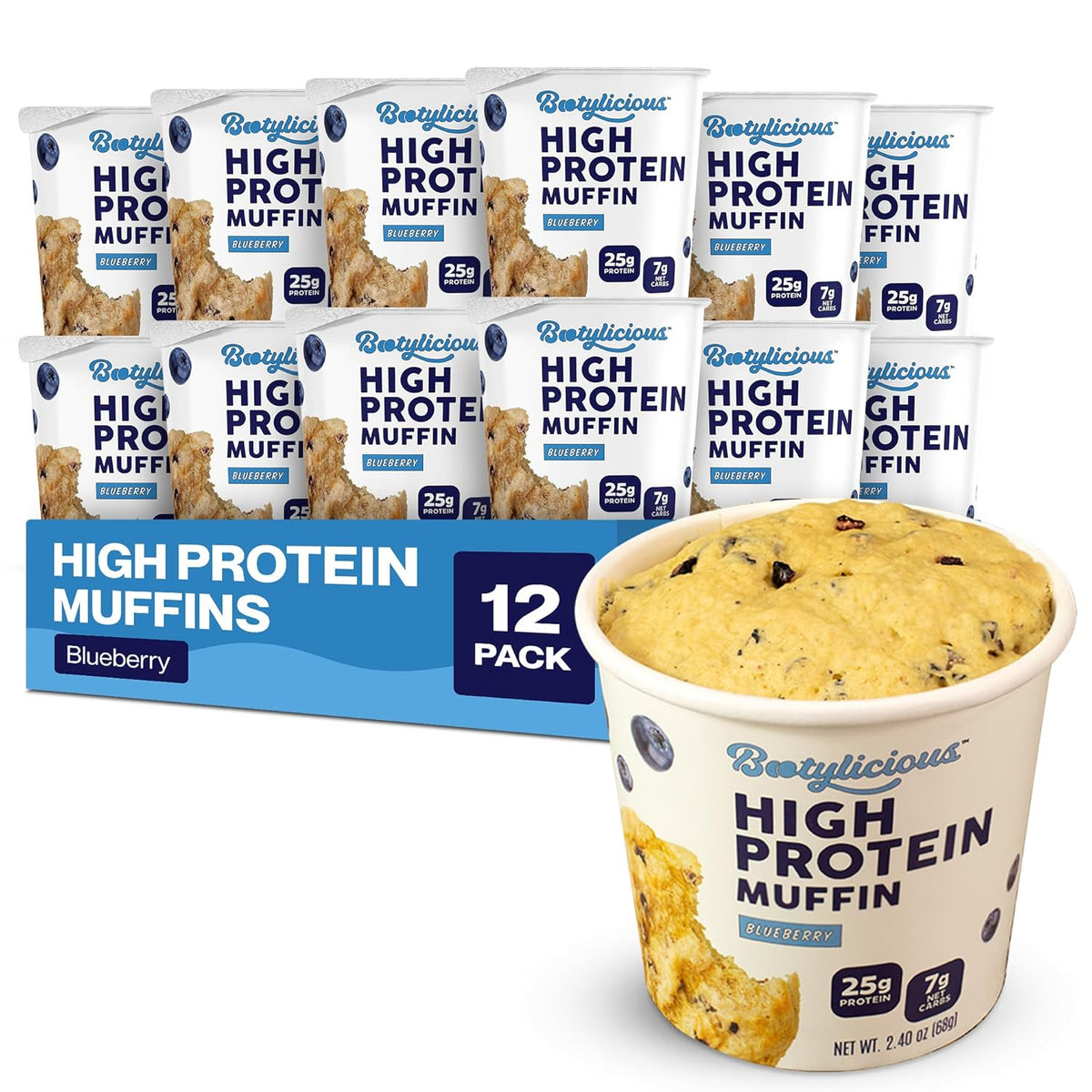 Bootylicious | High-Protein Muffin | 25g Protein, 7g Net Carbs, 2.32-2.75oz Cup, 12-Pack (Blueberry)