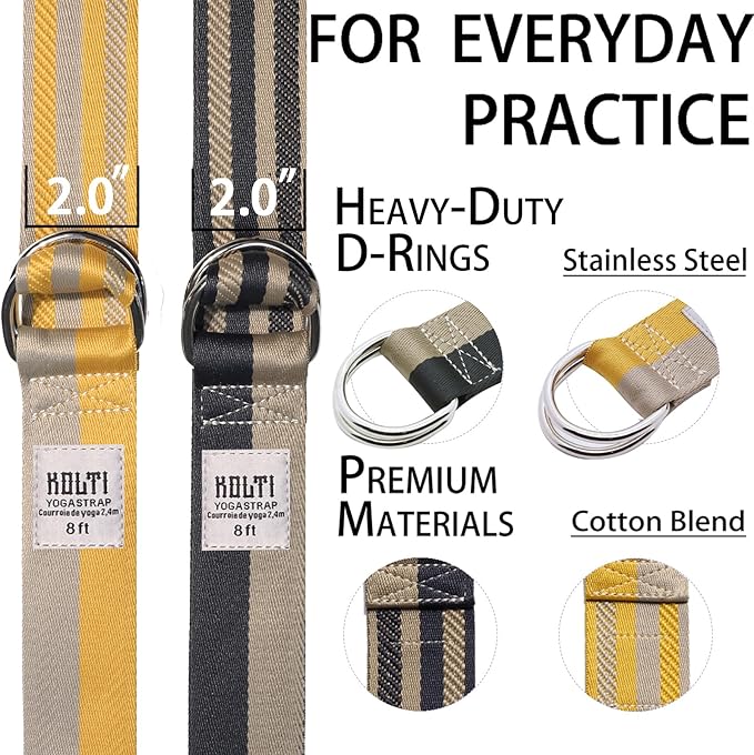 Yoga Exercise Adjustable Straps 8FT with Durable D-Ring for Pilates & Gym Workouts | Hold Poses, Stretch, Improve Flexibility & Maintain Balance