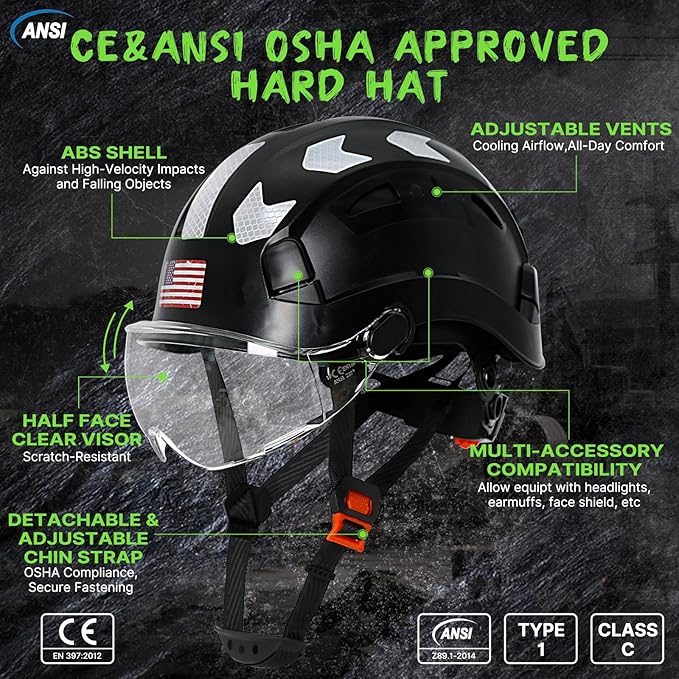 AOLAMEGS Construction Safety Hard Hat - ANSI Z89.1 Type Ι OSHA Approved Safety Helmets with Chin Straps Lightweight Reflective Vented ABS Hard Hats For Men Women Industrial Workwear 6-point Suspension