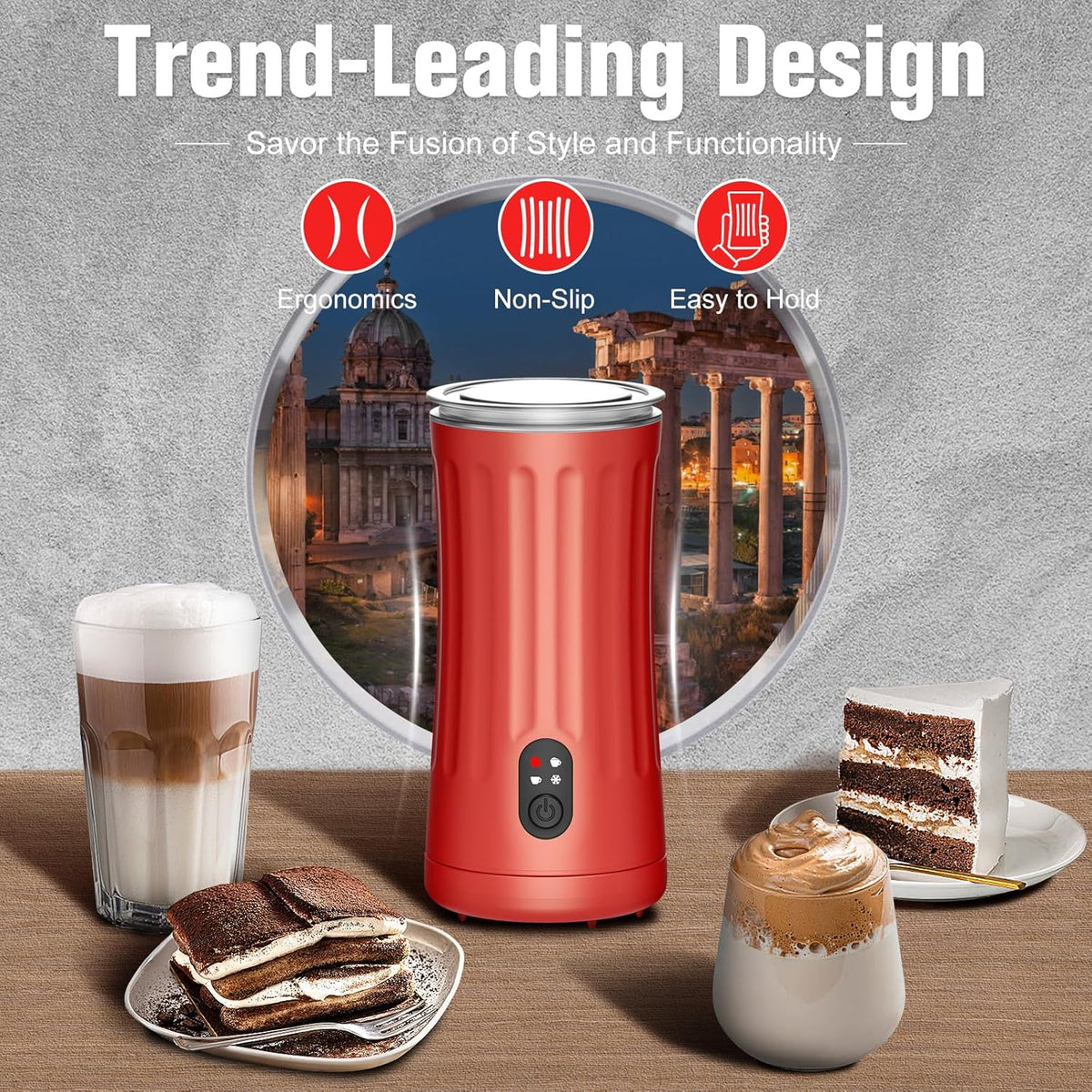 Electric Milk Frother, 4-in-1 Milk Steamer and Frother, 8.1oz/240ml Automatic Warm and Cold Foam Maker, Auto Shut-Off Frother for Coffee, Latte, Cappuccino, Macchiato(Rose)