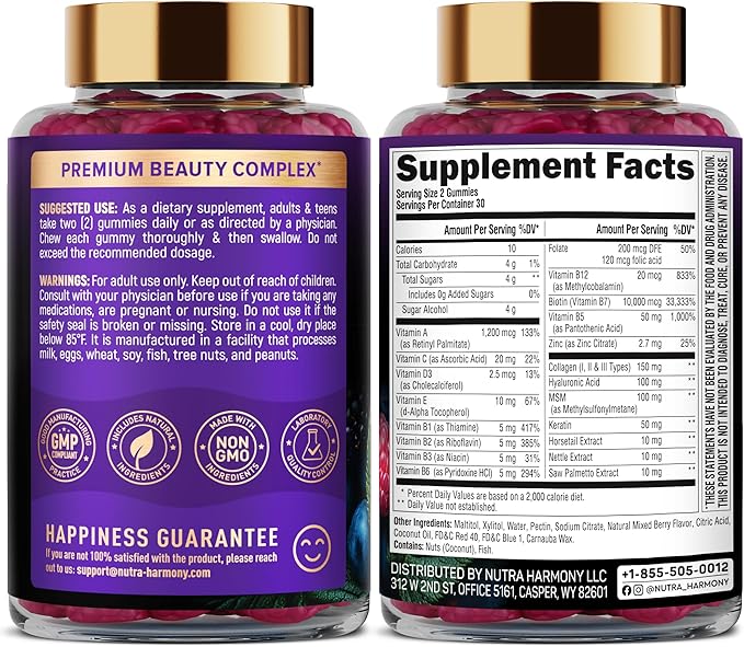 Biotin Gummies with Collagen - Hair Growth Support Skin, & Nail Strength - for Women & Men - Biotin 10000mcg | Keratin | Hyaluronic Acid | B-Complex | Saw Palmetto - Sugar-Free, Mixed Berry, Pack of 2