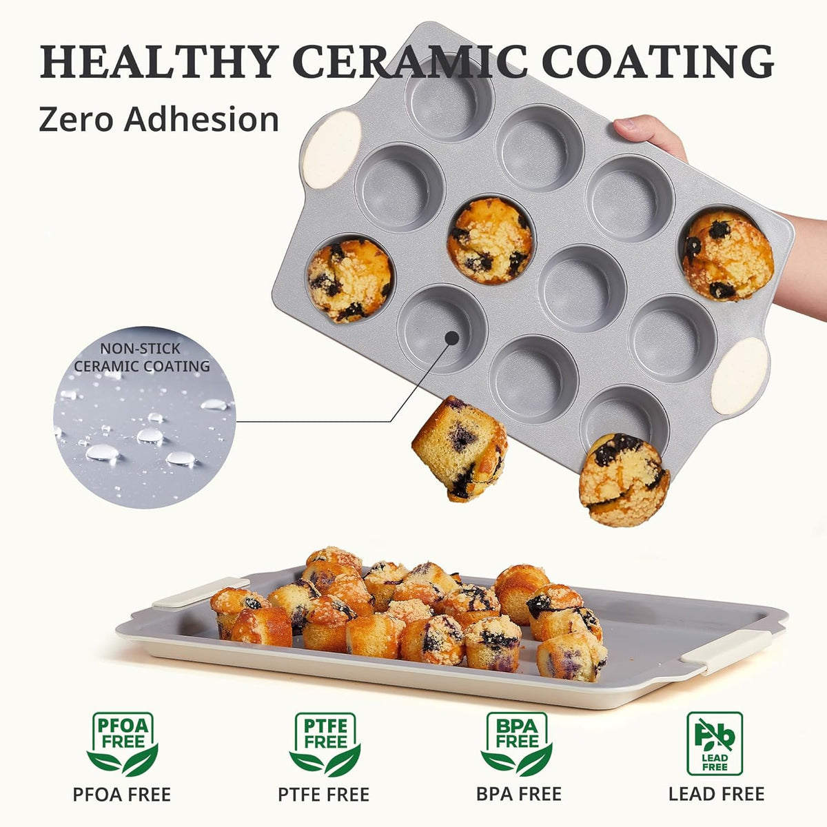 Ceramic Muffin Pan,12-Cup Nonstick Aluminized Steel Cupcake Pans, Healthy Non-Toxic Ceramic Coating Muffin Tin, 1 Pack Cup Cake Pans for Baking Cream