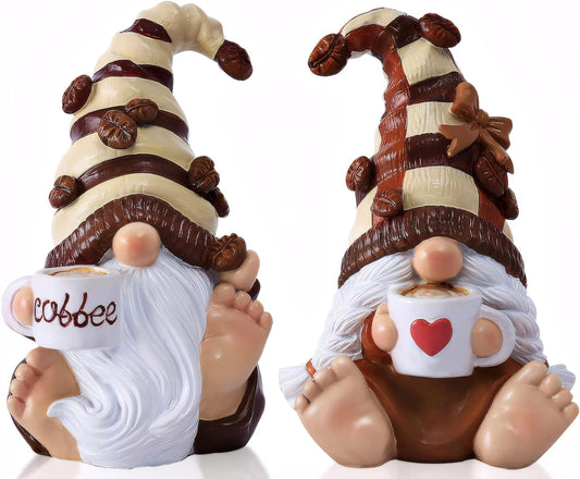 2PCS Coffee Gnomes Figurines Home Christmas Decoration Fall Gnomes Coffee Bar Accessories Decor Elfs Statue Cute Resin Housewarming Gifts for Women Tiered Tray Table Ornament,Sit 4.7H