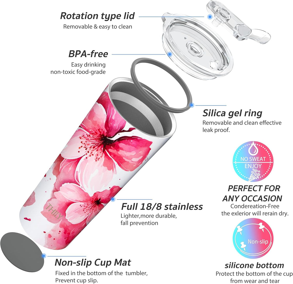 THILY Stainless Steel Vacuum Insulated Tumbler Travel Mug 26 oz Coffee Cup with 2 Lids and Straws, Splash Proof, Keep Ice Drinks Cold, Cherry Blossoms