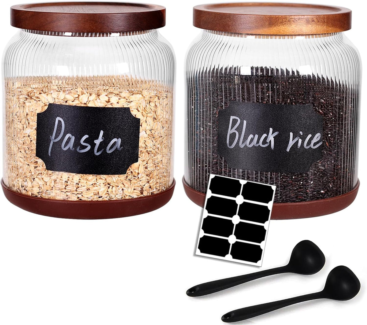 SAIOOL 2-Pack Striped Borosilicate Glass Airtight Canisters - Big mouth Large Capacity, Acacia Wood Lid, Food Storage Jars for Flour, Pasta, Pantry Organization (1/2 Gallon （Striped 2 pack）)