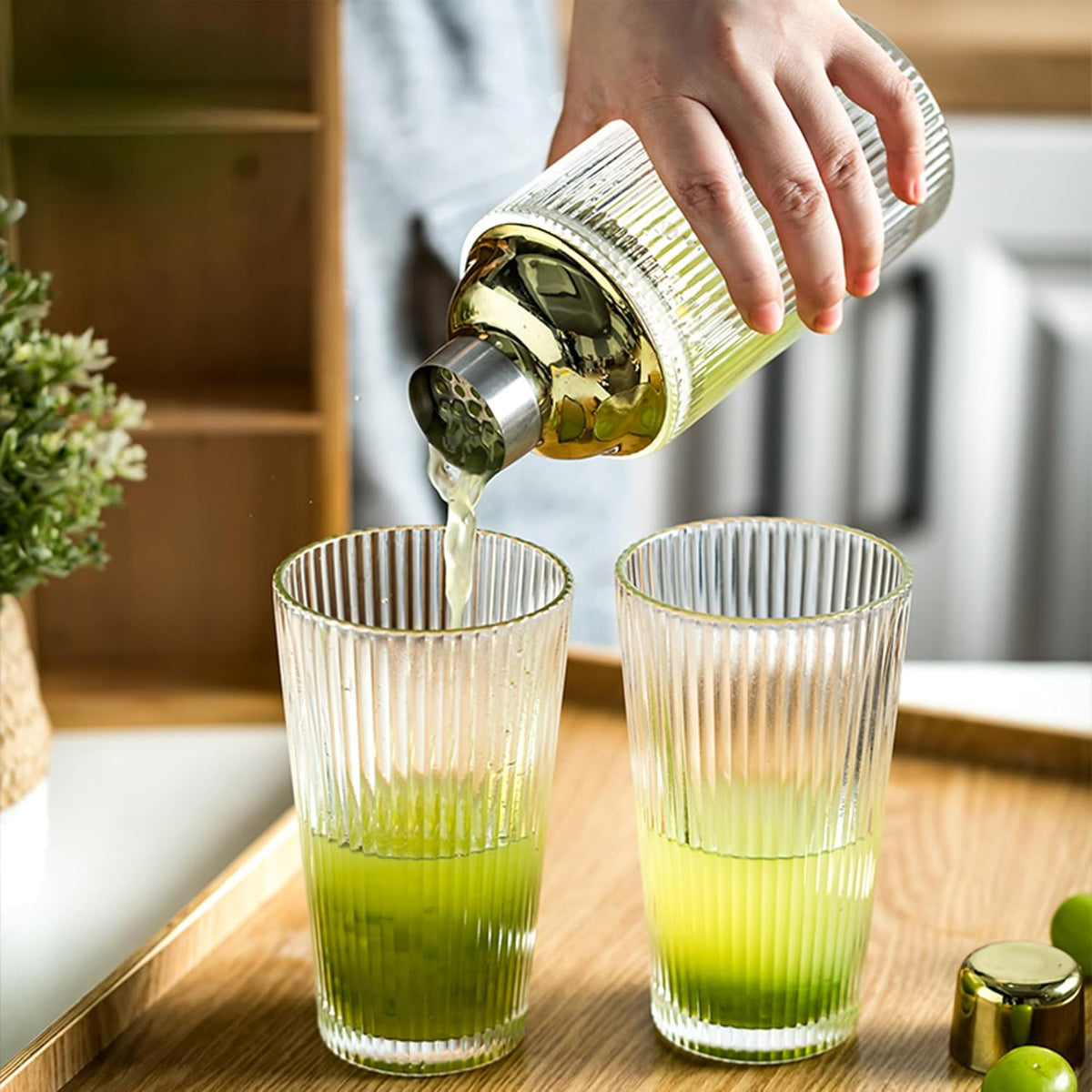 Glass Cocktail Shaker Set with Ribbed Glassware, Lids, and Straws - Elegant Bartender Kit for Whiskey, Cocktails - Dishwasher Safe, Perfect Home Bar Accessory (Glass Shaker + 3 Ribbed Glasses)
