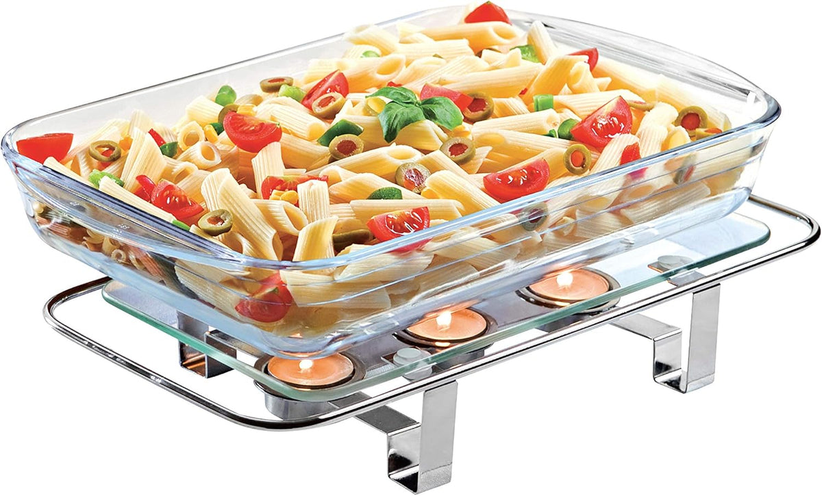 NewlineNY Chrome Plated Glass Dish Warmer, Rectangular Glass-Top 3 Holes Tea Light Votive Candle Gourmet Food Warmer