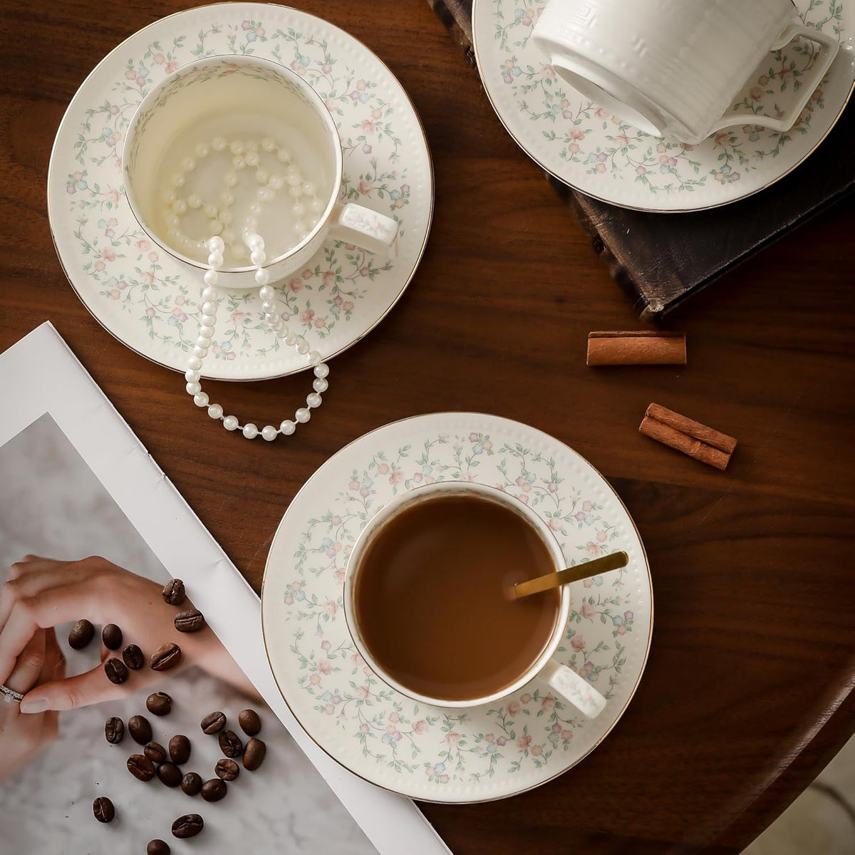 8.8 oz Cappuccino Cups with Saucers and Spoons,Embossed Bone China tea cups and Saucer Sets,3 Pieces, Vintage Style,Coffee Cup & Saucer Set For Women Wedding/Birthday/Christmas Gift