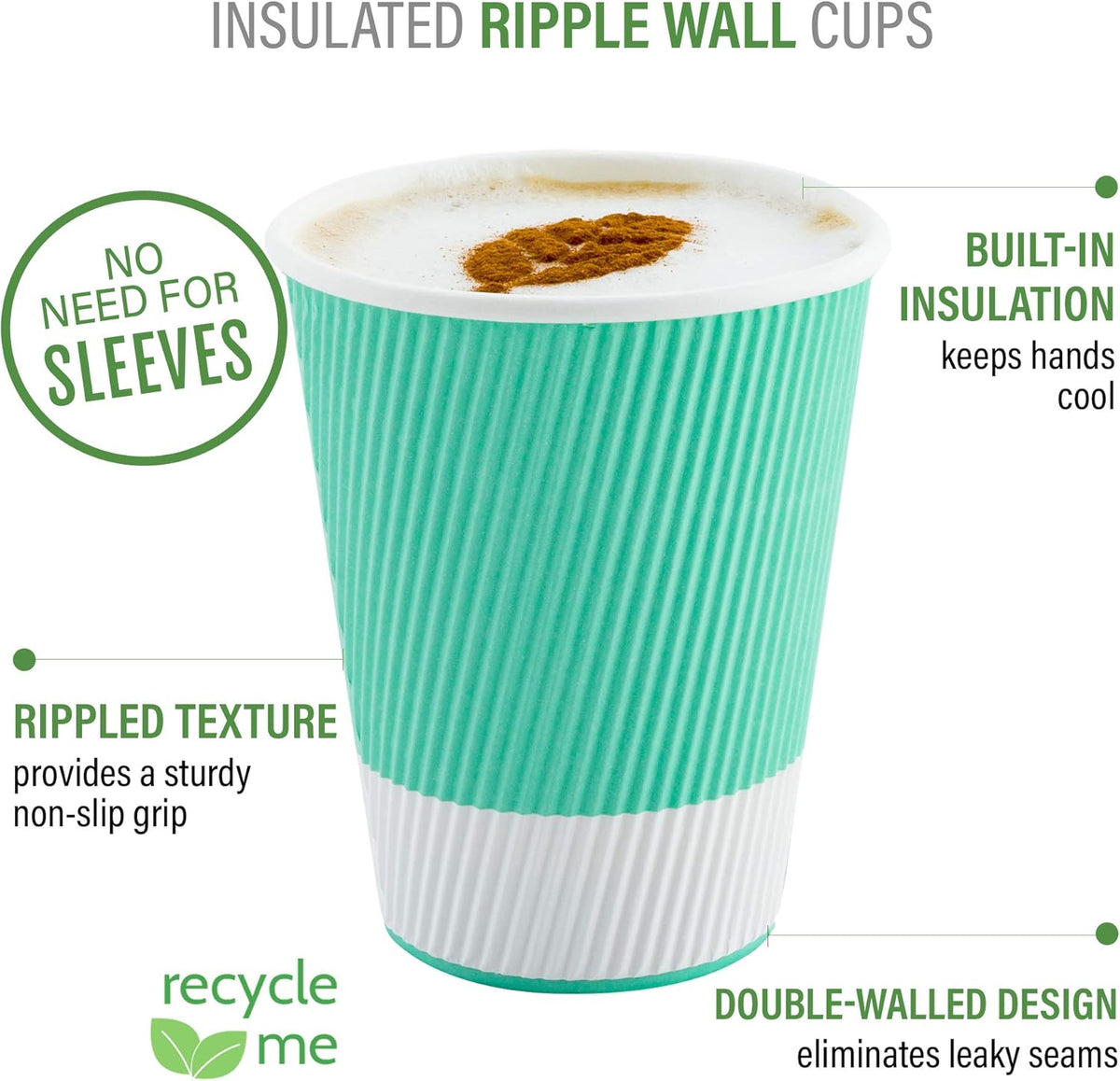 Restaurantware 8 Ounce Double Wall Disposable Coffee Cups, 500 Insulated Light Green Paper Tumblers Ripple Wall Design, Lids Sold Separately for Hot Drinks like Tea, Hot Chocolate and More