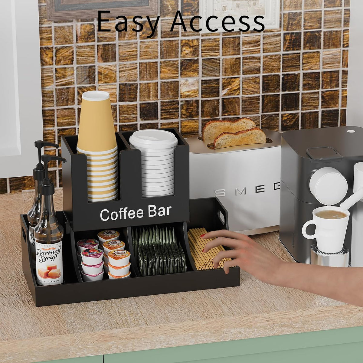 Coffee Station Organizer, Wooden Coffee Bar Organizer for Countertop, Condiment and Cup Storage Organizer, Bar Accessories for Kitchen, Office, Home, Black