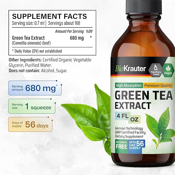 BIO KRAUTER Green Tea Extract Liquid Drops - Green Tea Supplements - Antioxidant Source - Alcohol and Sugar Free - 4 Fl.Oz.