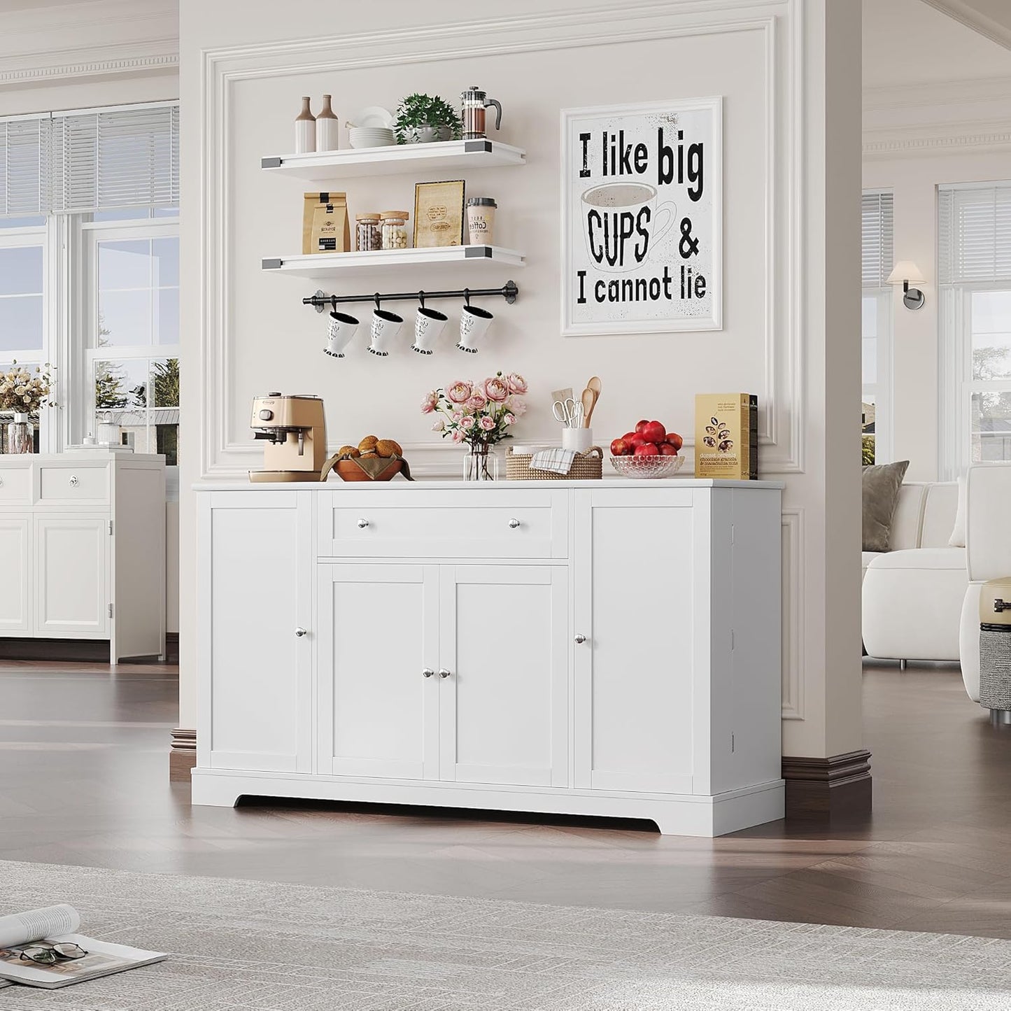 HITHOS 54" Buffet Cabinet with Storage, Modern Kitchen Buffet Sideboard with Drawer, Wood Coffee Bar Station with Adjustable Shelves, Kitchen Storage Cabinet for Living Room, White