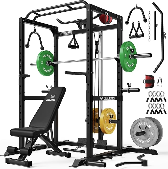 S21 Power Cage, Multi-Function Power Rack with Adjustable Cable Crossover System, 2000LBS Squat Rack for Home Gym with More Training Attachments