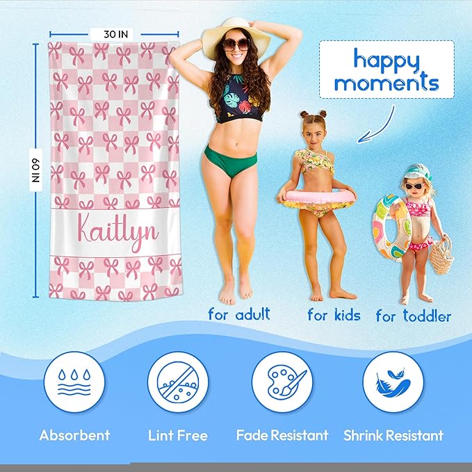 JML Personalized Beach Towel with Name, Custom Beach Towel with Text, Customized Bow Microfiber Pool Towel, Quick Dry & Absorbent Swim Towel for Adult,Anniversary, Birthday, Summer Holiday,Vacation