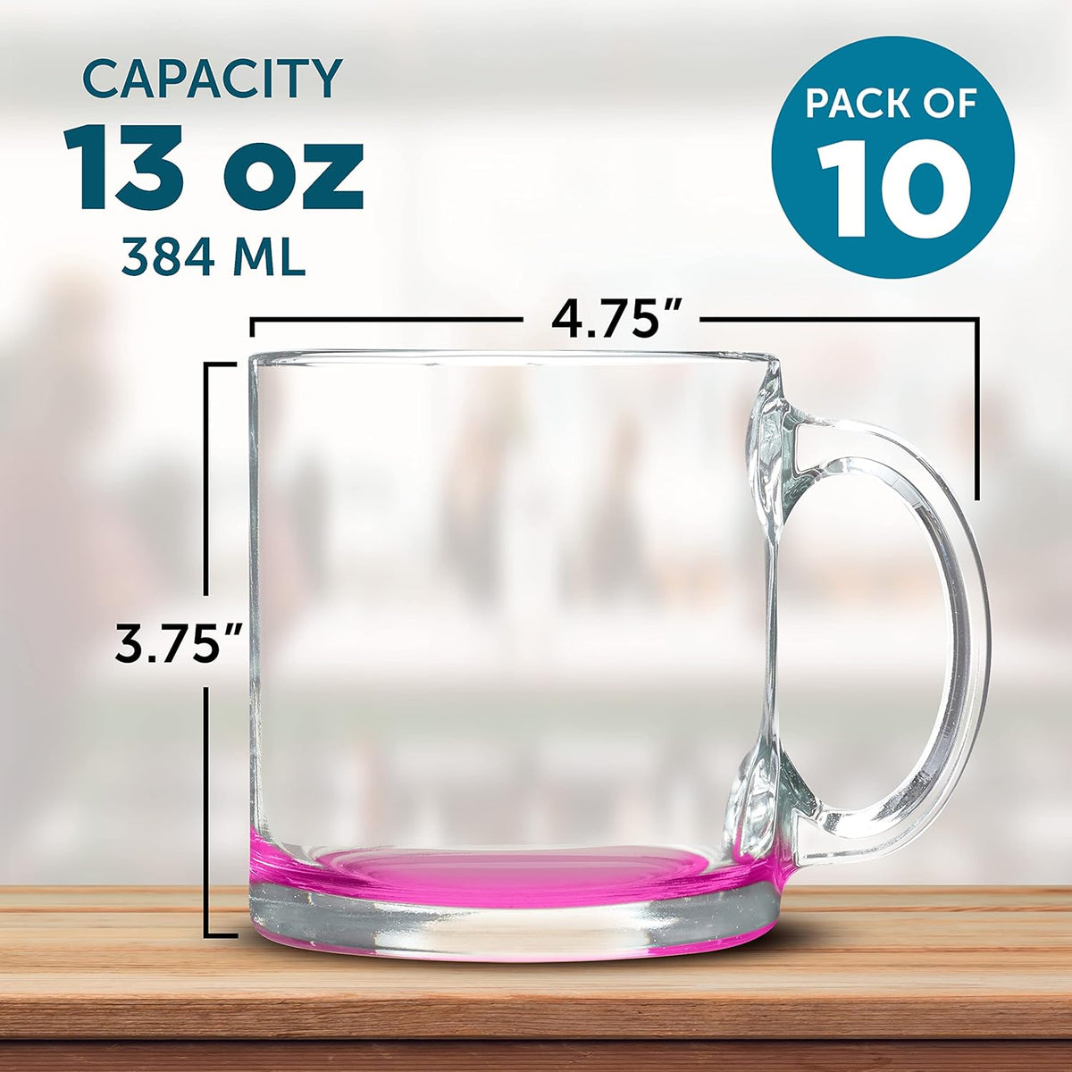 Libbey Clear Glass Coffee Mugs 13 oz. Set of 10, Bulk Pack - Perfect for Coffee, Tea, Espresso, Hot Cocoa, Other Beverages - Pink Bottom