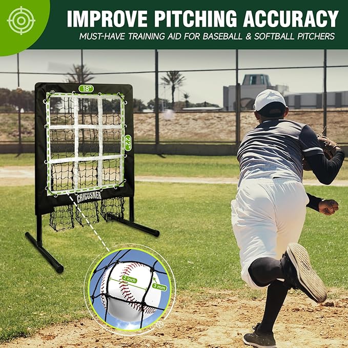 9 Hole Pitching Net, Heavy-Duty Baseball Net with Strike Zone for Pitching and Hitting, Height Adjustable Training Equipment with 9 Pocket Pitching Target for Baseball & Softball Practice