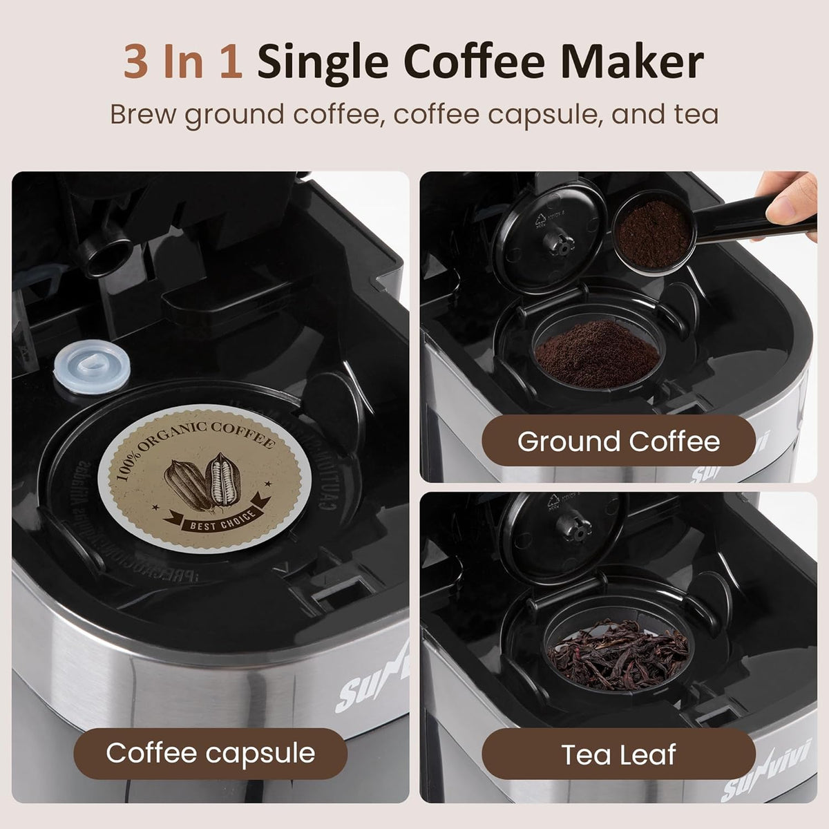 SUNVIVI Iced Coffee Maker, Single Serve Coffee Maker with 3 Brewing Options for K Cup Pod or Ground Coffee, 30oz Removable Water Reservoir & Reusable Filter, Ideal for Home & Office, Black