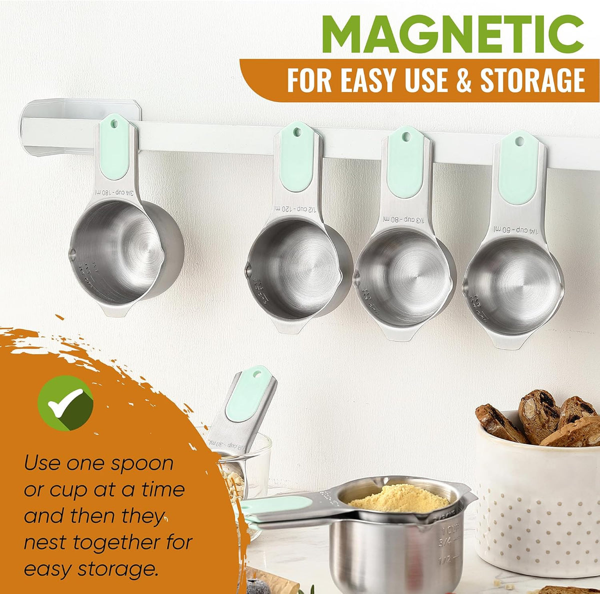 Spring Chef Magnetic Measuring Cups & Spoons Set (Patent Pending), Strong N45 Magnets, Heavy Duty Stainless Steel Fits in Spice Jars for Baking & Cooking, BPA Free, Round Set of 15 with Leveler, Mint