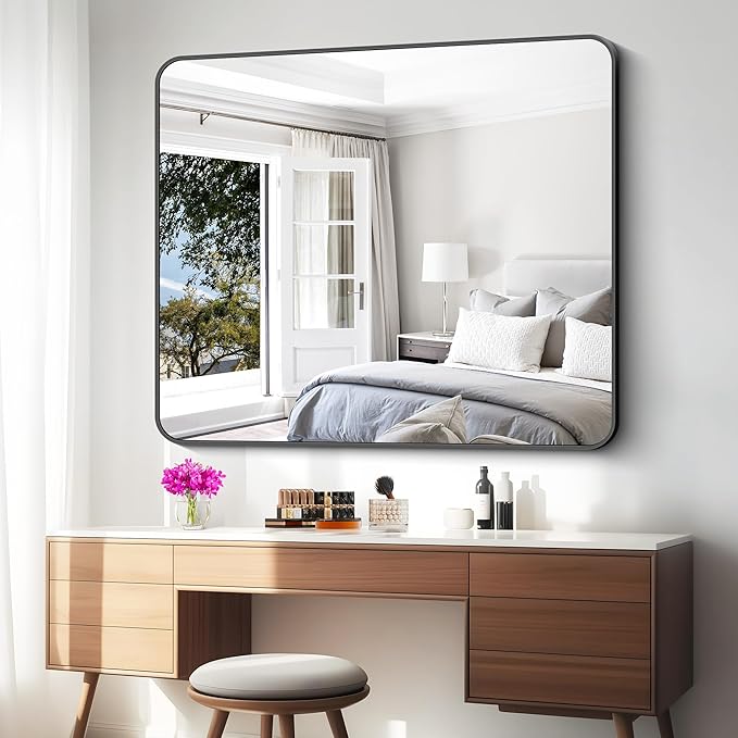 Black Bathroom Mirror,40x48 inch Wall Mirror for Bathroom Wall Mounted,Rectangle Mirror for Bathroom Over Sink,Modern Frame Round Corner for Living Room,Bedroom Entryway,Horizontal/Vertical