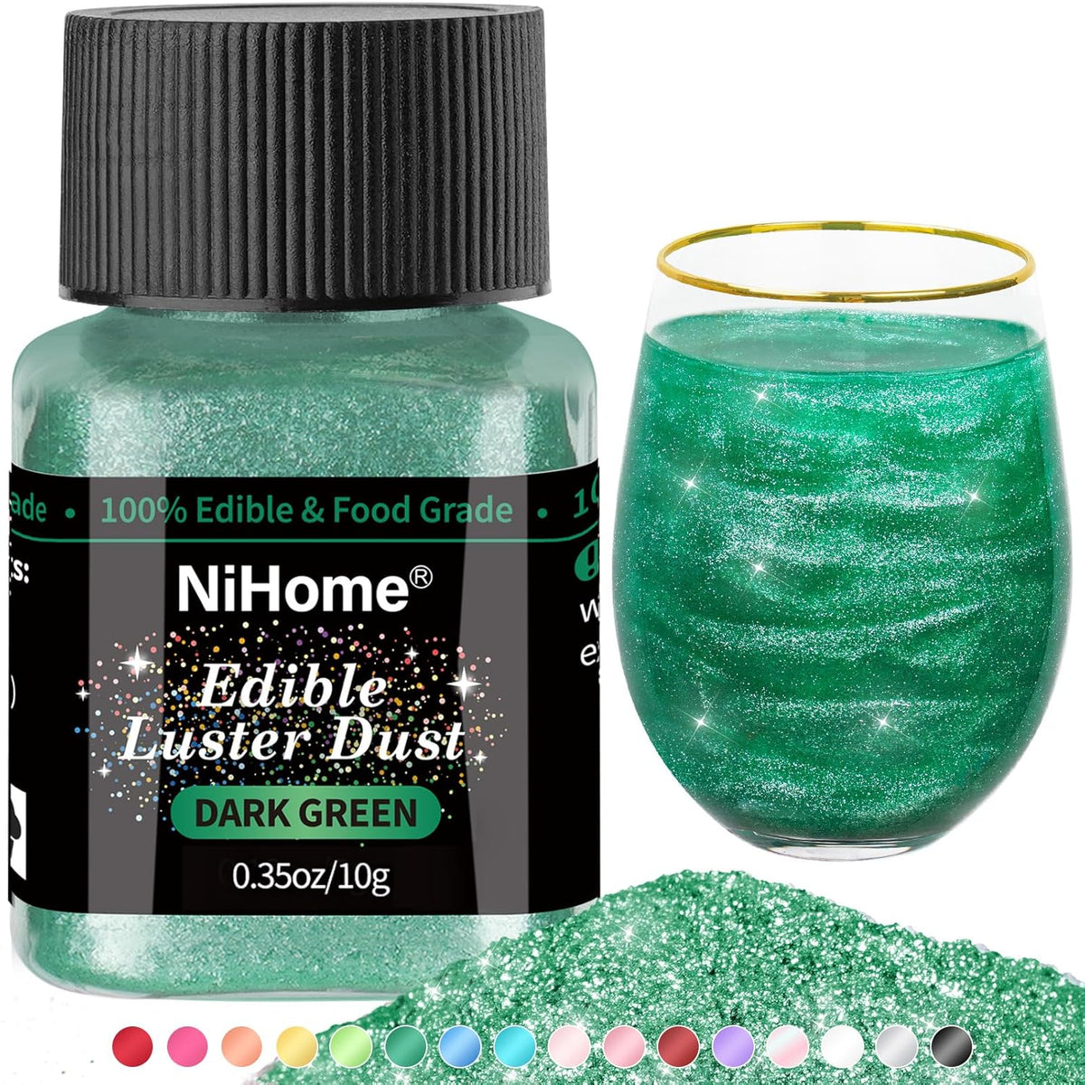 NiHome Edible Food-Grade Glitter Powder Glimmer Luster Dust Metallic Fancy Food Decorating Sprinkle Glimmery Dust for Drink Wine Beverage Cake Bakery Vegan Allergen-Free (Dark Green, 0.35oz/10g)