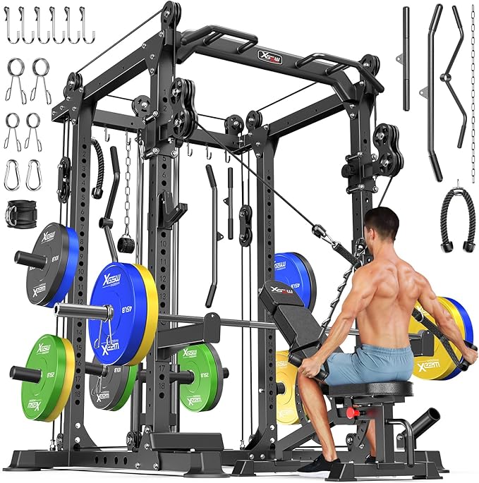 Power Cages Multi-Purpose Squat Rack with Cable Crossover System, Matching Weight Bench, Olympic Barbell Weight Set for Garage and Home Gyms