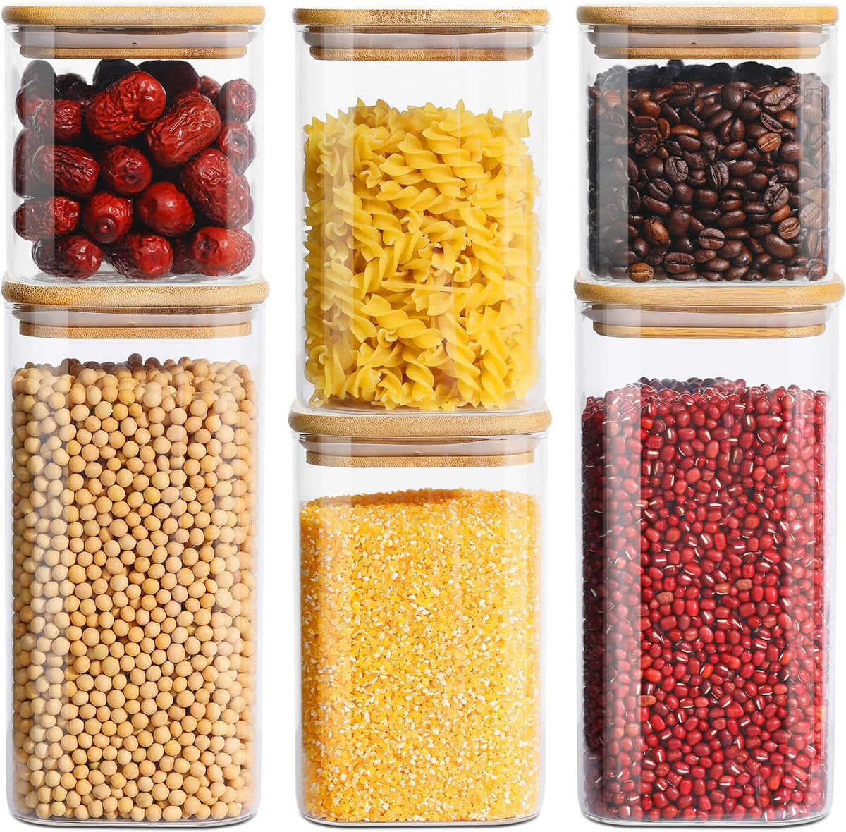 Glass Food Storage Jars with Lids(24oz/37oz/50oz)Square Set of 6 ,Glass Storage Containers Clear Glass Food Canister with Bamboo Lid Airtight For Serving Tea, Coffee Beans, Candy,Spice and More