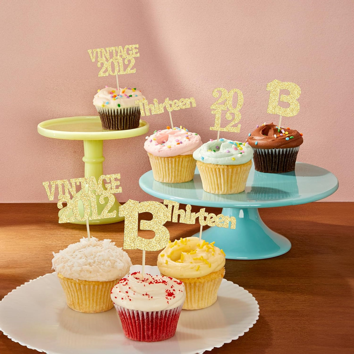 Gyufise 24Pcs Official Teenager 13 Cupcake Toppers Glitter Thirteen Vintage 2012 13th Birthday Cupcake Picks Hello 13 Years Birthday Cake Decor for Happy 13th Anniversary Party Supplies Gold