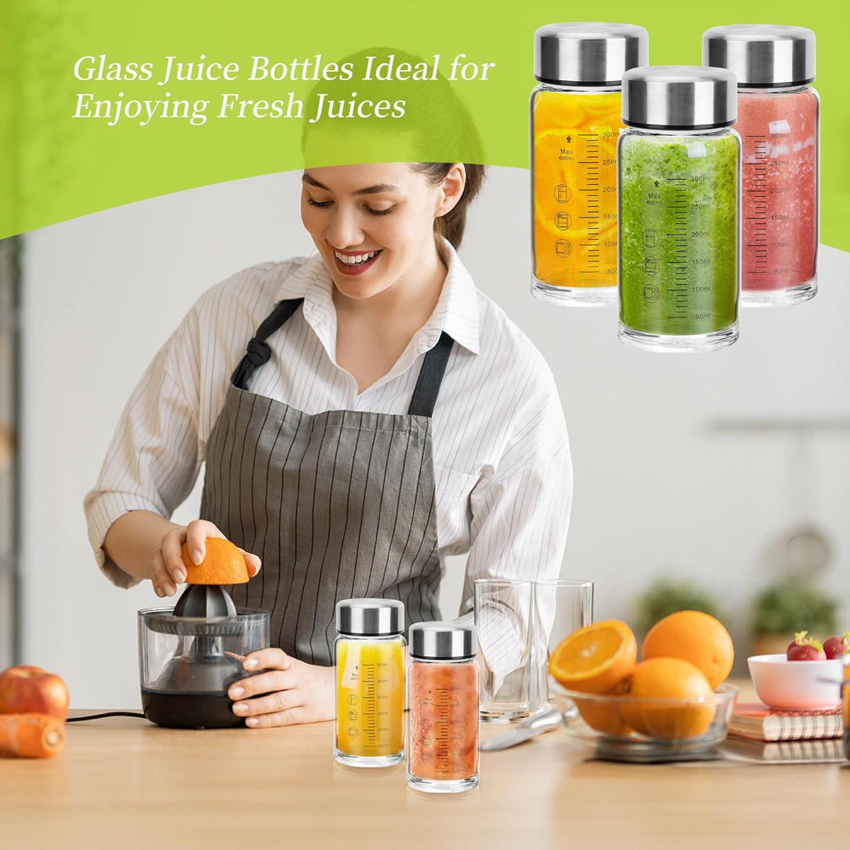 souG 4 Pack 14oz Juice Bottles，Wide Mouth Glass Water Bottles with Lids - for Juicing, Smoothies, Milk, Protein, BPA Free, Reusable, Stainless Steel Lids, Leak Proof, Shaker bottle (14oz/400ml)
