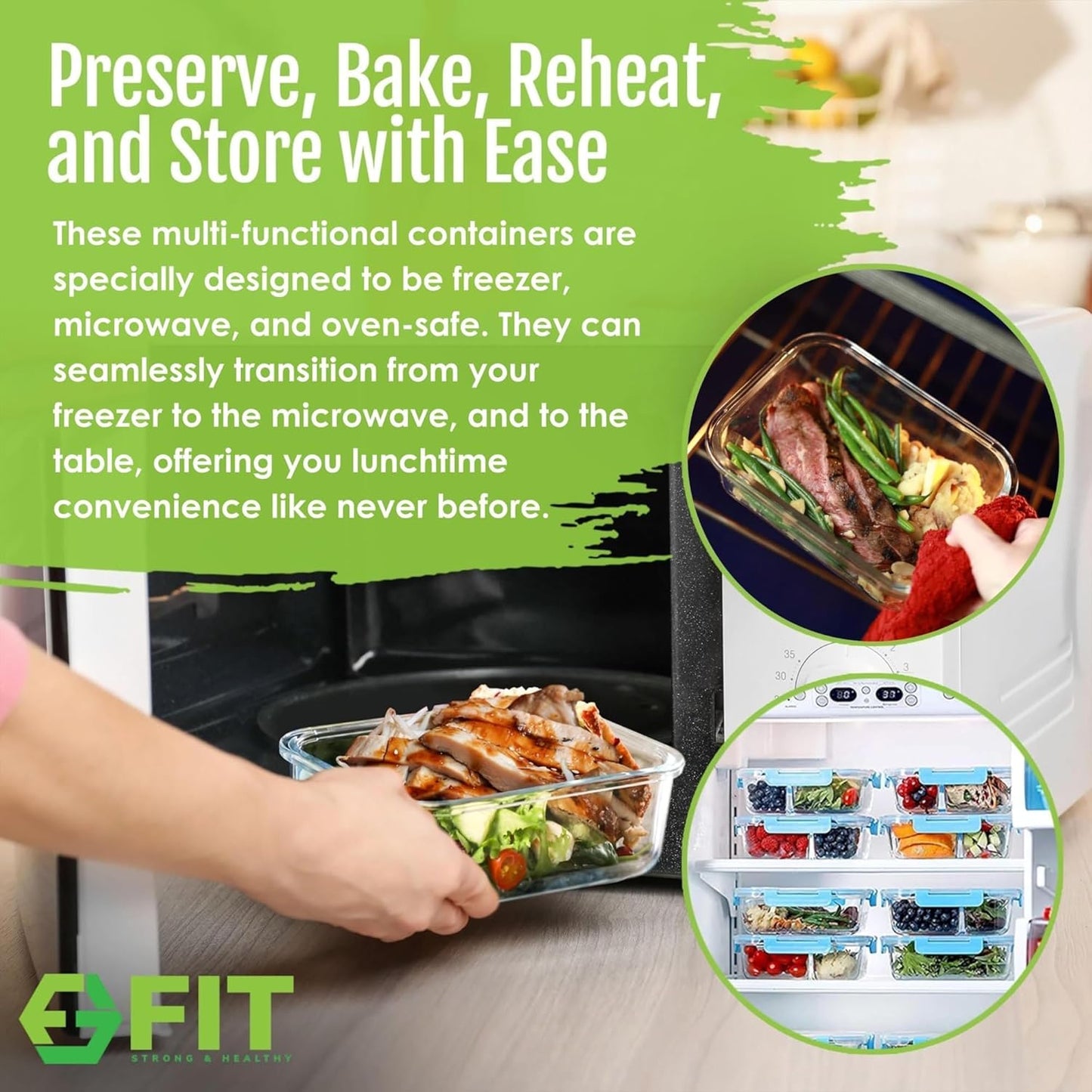 FIT Strong & Healthy Glass Meal Prep Containers, 2 & 3 Compartments - Portion Control, Lunch Container Set, Food Storage, Airtight Lids, Oven & Freezer Safe, Leak-Proof Bento Box, 32 oz, Blue, 4 Pack