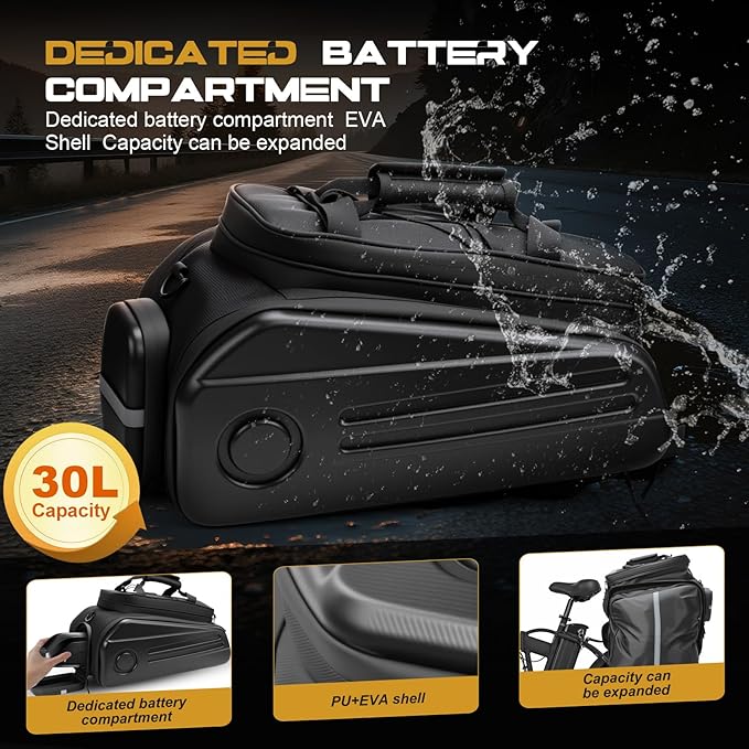 Bike Rack Bags, Hard Shell E Bike 30L Rear Rack Bag, Large Ebike Pannier with Waterproof Cover and Shoulder Strap for Commuter Travel Outdoor