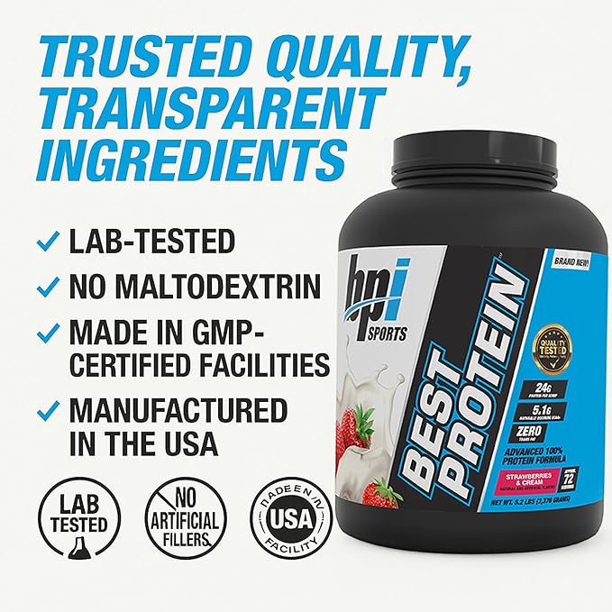 BPI Sports Best Protein – 100% Whey Protein Powder – Muscle Growth, Recovery, Meal Replacement – No Maltodextrin, No Fillers, Gluten Free – for Men & Women | Strawberries and Cream – 5.2 Pounds