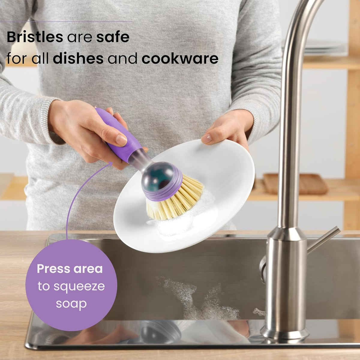 Vigar Rengo Soap Dispensing Dish Brush, Dish Brush with Soap Dispenser for Pot Scrubber, Dishes, Sink Cleaner, and Kitchen Essentials, Purple